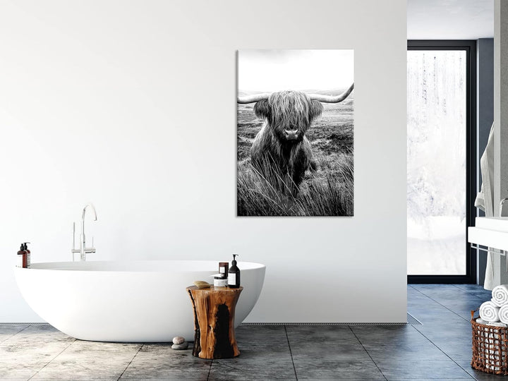 Pixxprint Glasbild | Wandbild aus Echtglas | Highland Rind mit grossen Hörnern Steppe, Monochrome |