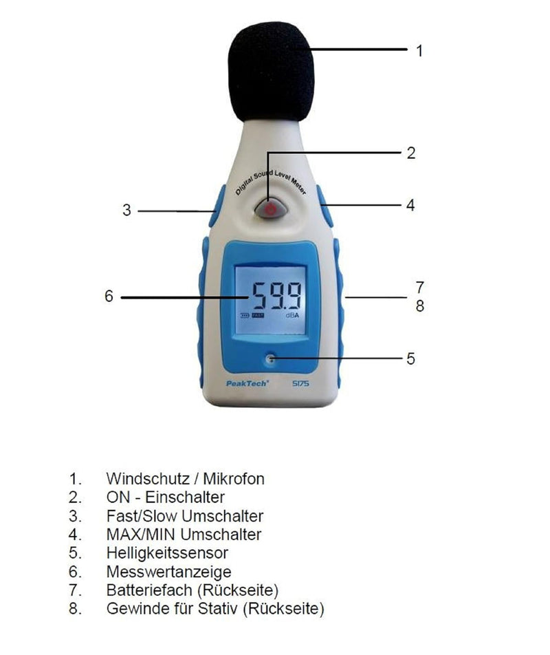 PeakTech Digital Schallpegelmessgerät 30-130 Db in A-Bewertung, 1/2 Zoll Mikrofon, Klasse 2, Lärmmes