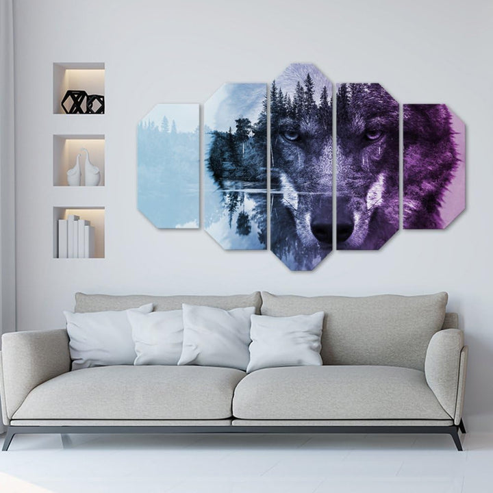 Wandbild XXL 5 tlg Natur Deko Kunst Bild Wolf Violett 200x100 cm Deko Paneel 200x100 cm Violett_A, D