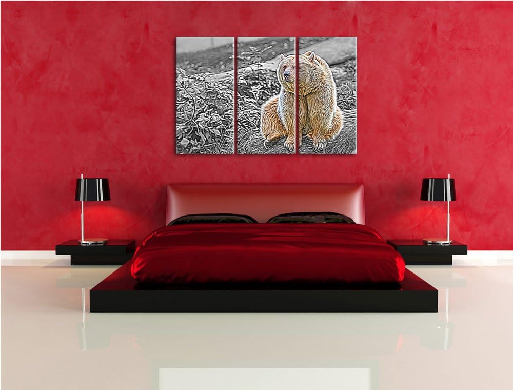 niedlicher Grizzly auf Stein schwarz/weiss Deluxe 3-Teiler Leinwandbild 120x80 Bild auf Leinwand, XX
