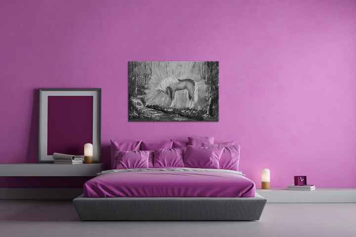 deyoli glänzendes Einhorn Format: 80x60 Effekt: Schwarz&Weiss als Leinwandbild, Motiv fertig gerahmt
