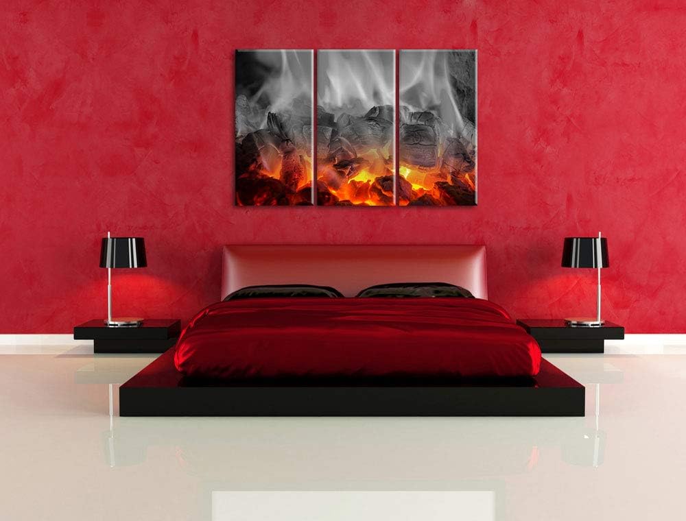 Pixxprint brennende Holzkohle in Kamin als Leinwandbild | Grösse: 3 Teilig (120x80) | Wandbild| Kuns