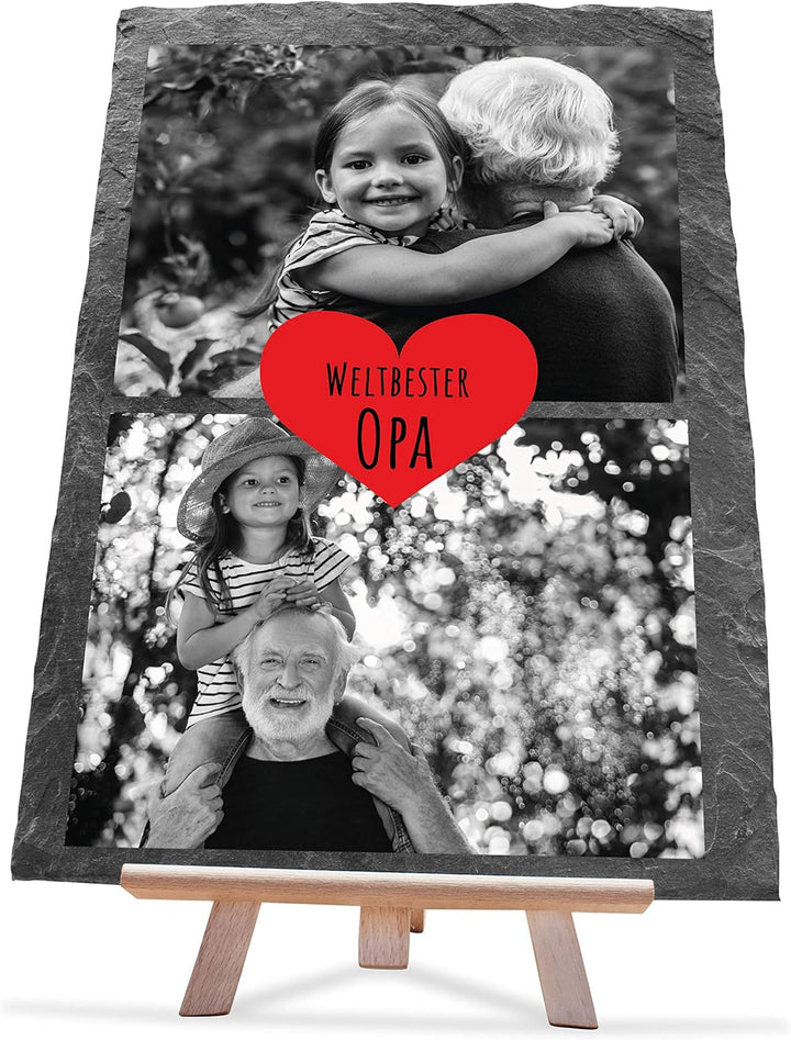 wandmotiv24 Schiefertafel Bester Opa mit Holz-Staffelei, Personalisiert mit 2 Schwarzweiss-Fotos, Di