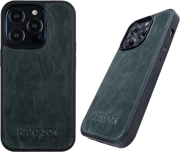 HANS/SON Hülle aus Echtleder | iPhone 14 Pro Max | Blaue Ledercase | 6,7 Zoll | Schmal | Stossfest |