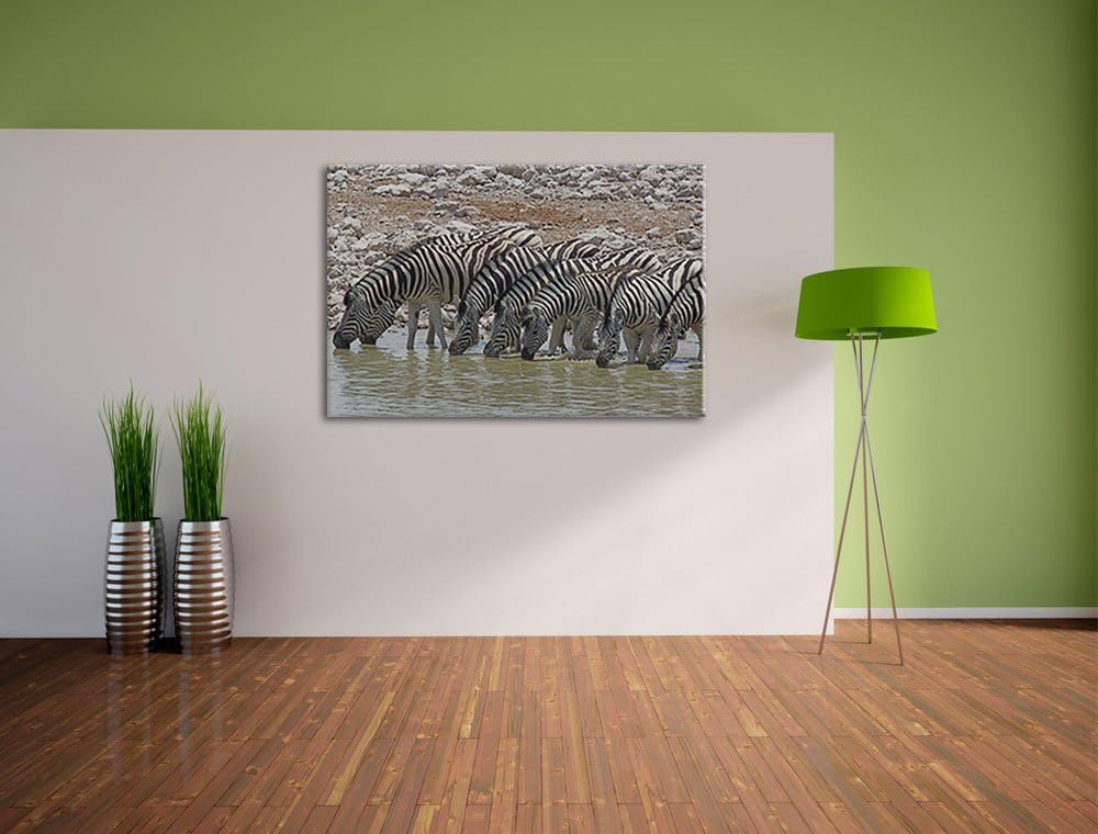 Zebraherde am Wasserloch Leinwand, XXL riesige Bilder fertig gerahmt mit Keilrahmen, Kunstdruck auf