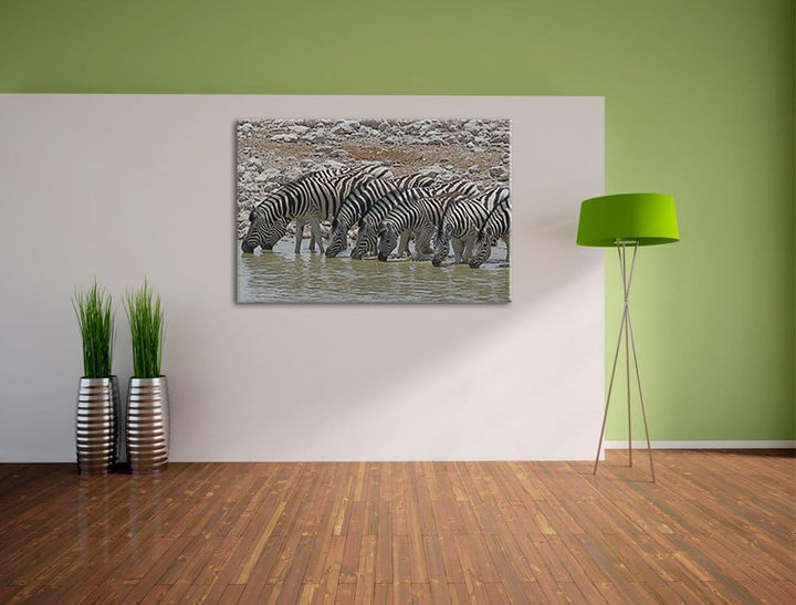 Zebraherde am Wasserloch Leinwand, XXL riesige Bilder fertig gerahmt mit Keilrahmen, Kunstdruck auf