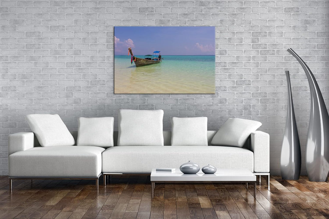 deyoli Boot am Meer im Format: 80x60 als Leinwandbild, Motiv fertig gerahmt auf Echtholzrahmen, Hoch