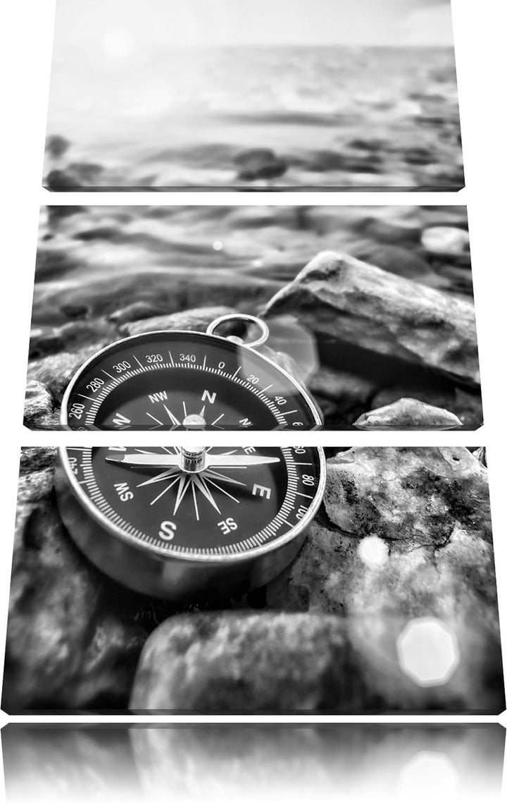 Pixxprint Kompass auf Steinen Reiselust als Leinwandbild/Grösse: 3 Teilig (120x80 cm) cm/Wandbild/Ku