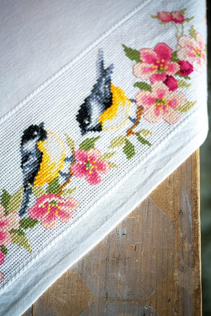 Vervaco PN-0164365 Tischdecke Kreuzstich Set Zählmuster, Baumwolle, Birds And Blossoms (10,5 Count),