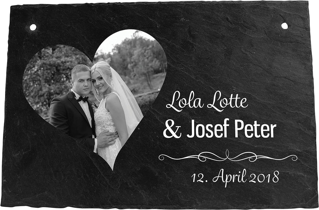 wandmotiv24 Schiefertafel Hochzeit, Aufhängeschild mit Strick, Personalisierbar Digitaldruck Schwarz