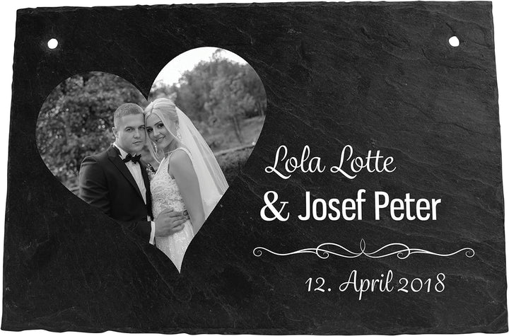 wandmotiv24 Schiefertafel Hochzeit, Aufhängeschild mit Strick, Personalisierbar Digitaldruck Schwarz