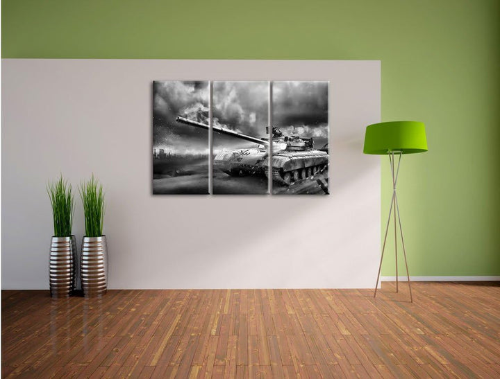 Pixxprint Panzer im Nebel 3Teiler 120x80 cm Leinwandbild Wandbild Kunstdruck