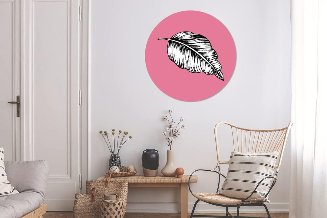MuchoWow Wandbild Rund Wanddeko Deko Wohnzimmer Bilder 90x90 cm Blätter - Retro - Natur - Blumenkraf