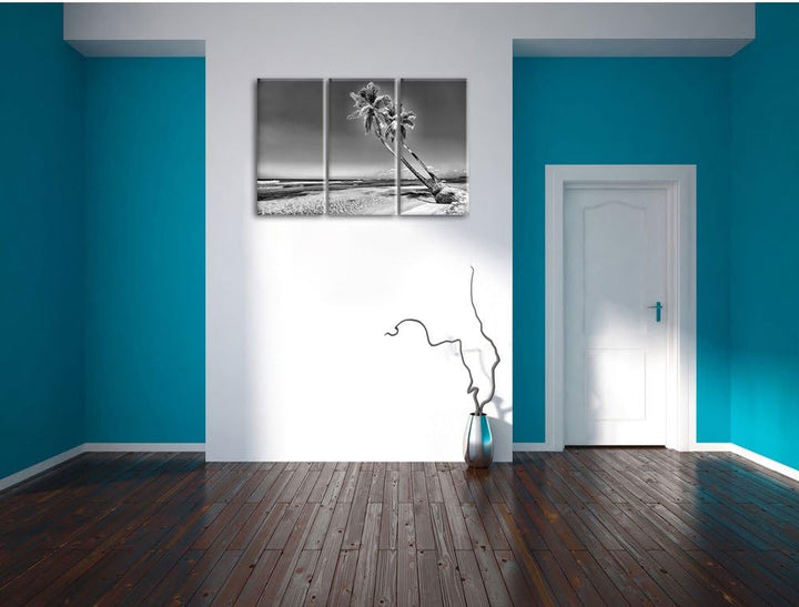 Pixxprint Monocrome, Palmen am Strand 3-Teiler Leinwandbild 120x80 Bild auf Leinwand
