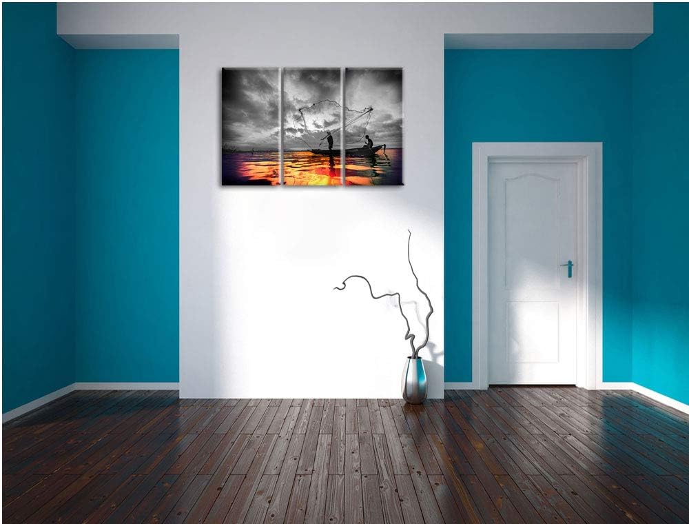 Angler angeln mit grossem Fangnetz auf See schwarz/weiss 3-Teiler Leinwandbild 120x80 Bild auf Leinw