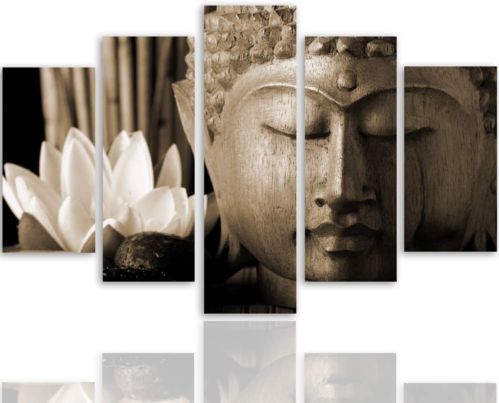 Feeby Wanddeko XXL Buddha Leinwandbild 5 Teilig Blume Lilie Skulptur Zen Sepia 100x70 cm Leinwandbil