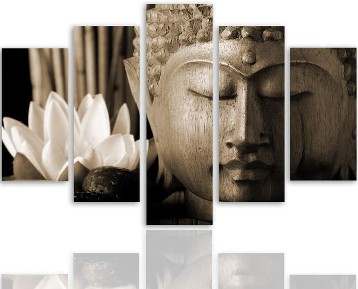 Feeby Wanddeko XXL Buddha Leinwandbild 5 Teilig Blume Lilie Skulptur Zen Sepia 100x70 cm Leinwandbil