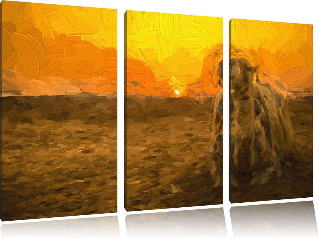 Pixxprint Kamel in ägyptischer Wüste / 3-Teilig/Gesamtmass 120cm Leinwandbild bespannt auf Holzrahme