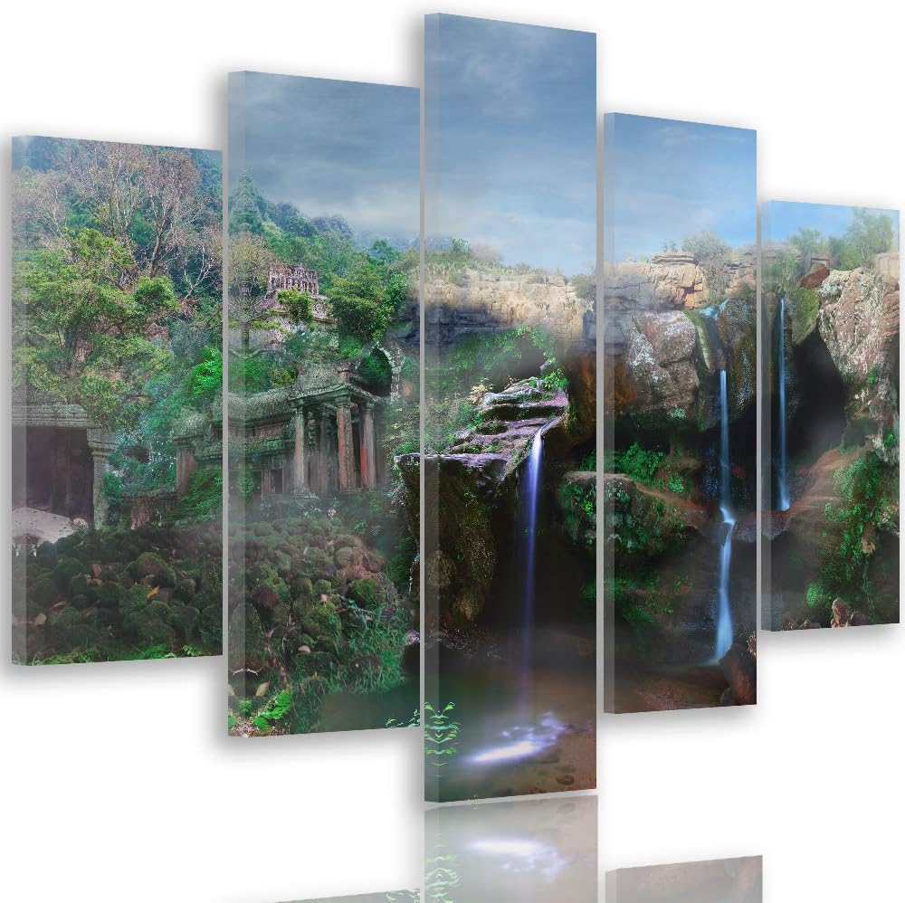 Feeby Leinwandbild 5 Teilig Landschaft Bild Wanddeko Wasserfall Berge Himmel grün 150x100 cm Leinwan