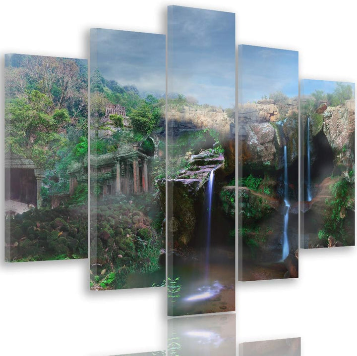 Feeby Wandbild XXL 5 Teilig Landschaft Leinwandbild Wasserfall Berge Himmel grün 300x140 cm Leinwand