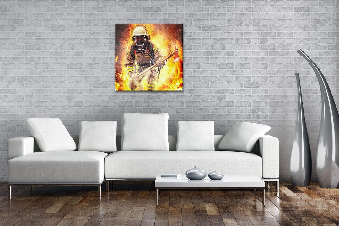 Feuerwehrmann im Einsatz Format: 60x60 als Leinwandbild, Motiv fertig gerahmt auf Echtholzrahmen, Ho