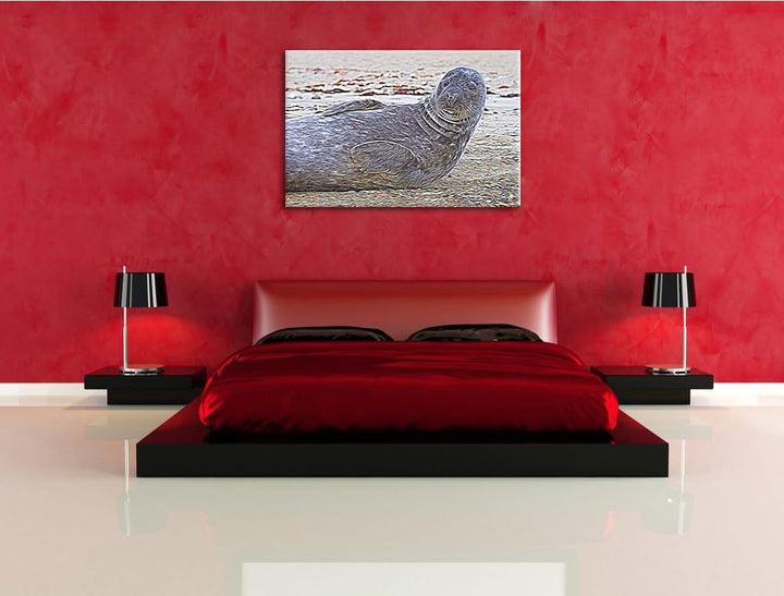 dunkle Robbe entspannt an Kiesstrand Spezial Format: 100x70 cm auf Leinwand, XXL riesige Bilder fert