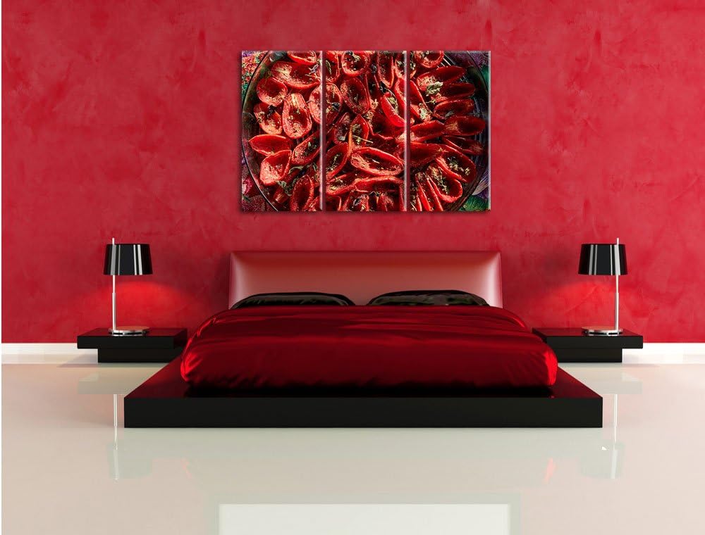 Pixxprint Tomaten Olivenöl Kräuter / 3-Teilig/Gesamtmass 120cm Leinwandbild bespannt auf Holzrahmen/