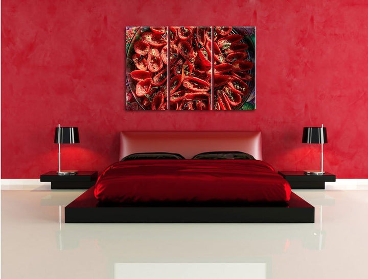 Pixxprint Tomaten Olivenöl Kräuter / 3-Teilig/Gesamtmass 120cm Leinwandbild bespannt auf Holzrahmen/