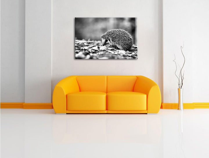 Monocrome, Igel im Laub , Format: 100x70 auf Leinwand, XXL riesige Bilder fertig gerahmt mit Keilrah