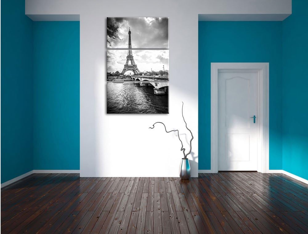 Pixxprint Eiffelturm in Paris Kunst B&W / 3-Teilig/Gesamtmass 120cm Leinwandbild bespannt auf Holzra