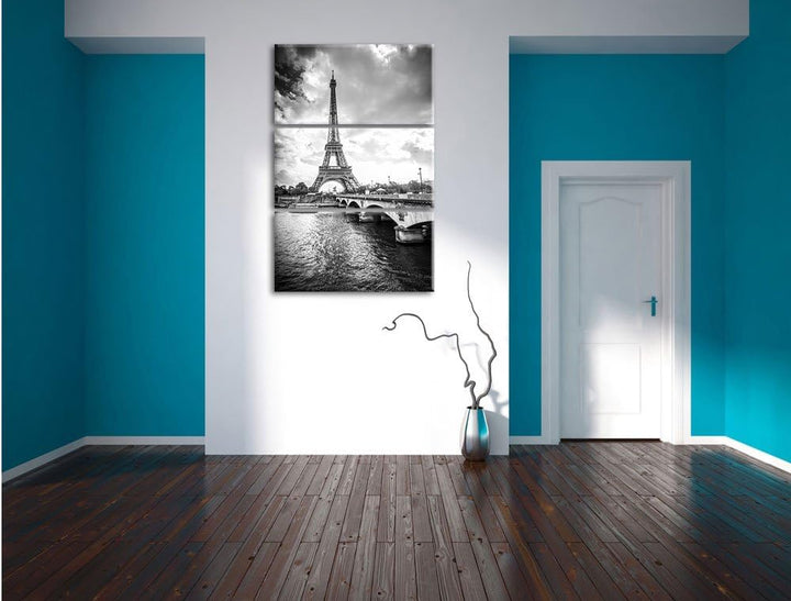 Pixxprint Eiffelturm in Paris Kunst B&W / 3-Teilig/Gesamtmass 120cm Leinwandbild bespannt auf Holzra
