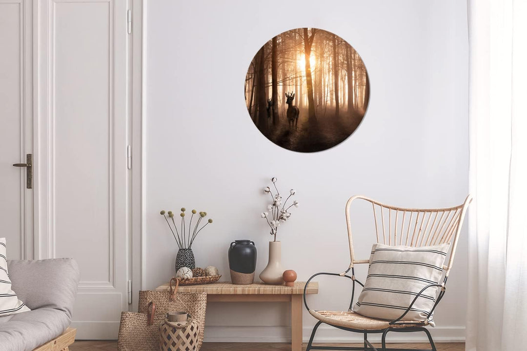 MuchoWow Wandbild Rund Wanddeko Deko Wohnzimmer Bilder 60x60 cm Wald - Hirsche - Sonne - Bäume - Win