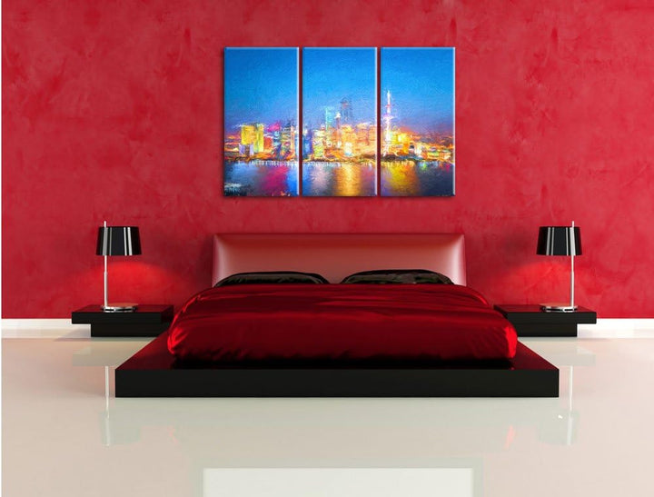 Pixxprint Skyline von Shanghai Bunstift Effekt 3-Teiler Leinwandbild 120x80 Bild auf Leinwand