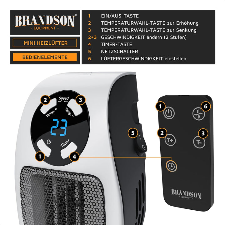 CSL - Steckdosen Heizlüfter mit Fernbedienung, Mini Keramik Heizung mit Thermostat, Lüfter 500W, Tem