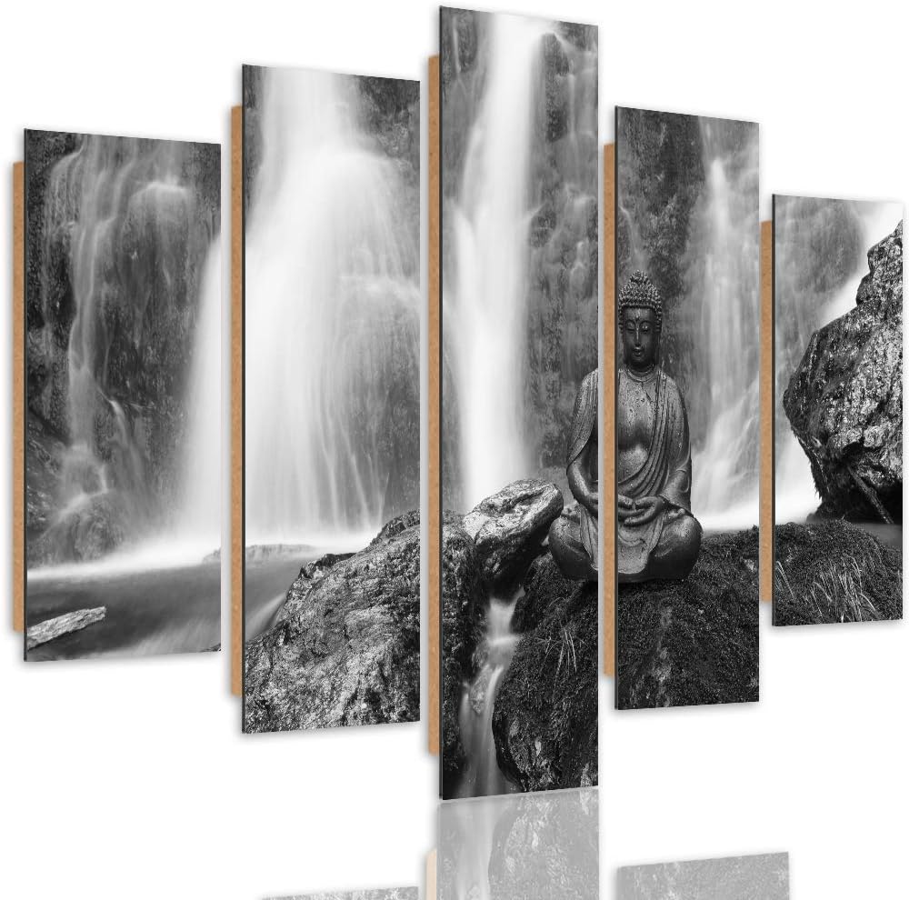 Feeby Deco Panel 5 Teilig Buddha Bilder Modern Wasserfall Natur Schwarzweiss 150x100 cm Deco panel 1
