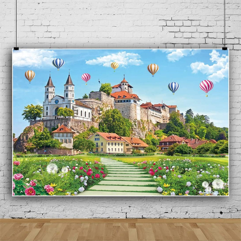 Renaiss 3x2m Schloss Fotografie Kulisse Verträumter Garten Blume Blauer Himmel Heissluftballon Hinte