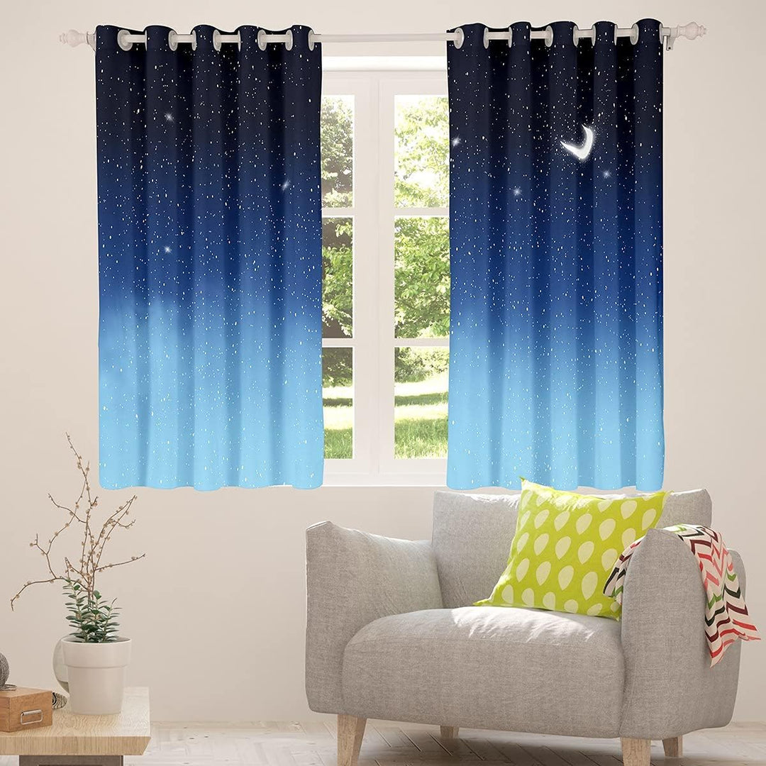 Loussiesd Blaue Galaxie Fenstervorhang 245x140cm Stern Mond Bedrucktes Vorhänge Teenager Kinder Mädc