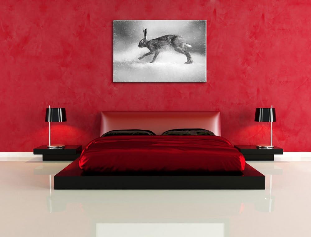 Pixxprint hoppelnder Hase / 100x70cm Leinwandbild bespannt auf Holzrahmen/Wandbild Kunstdruck Dekora
