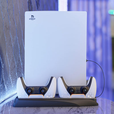Q-View PlayStation 5 Vertical Stand 4-in-1 Dock Controller Ladelüfter und Spieltablett für PS5 Konso