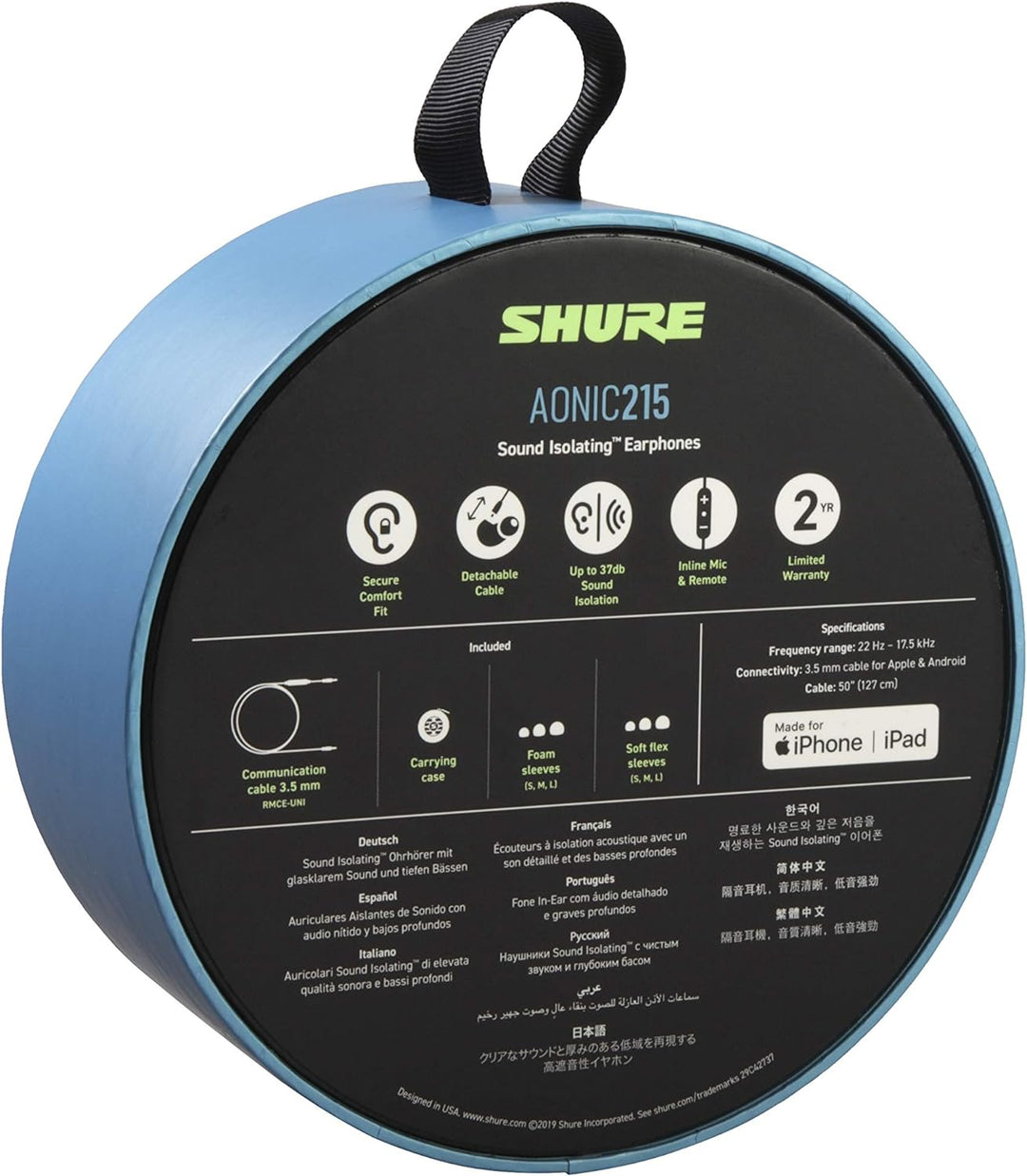 Shure AONIC 215 Wired Sound isolierende Ohrhörer, klarer Sound, Einzelfahrer, sichere In -Ear -Passf