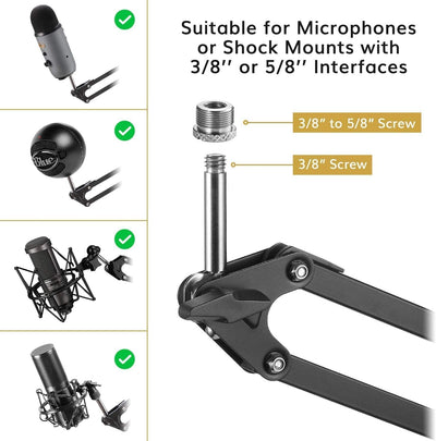 TONOR Mikrofon Ständer, einstellbarer Mikrofonarm mit Popschutz, 3/8" bis 5/8" Adapter, Mikrofonclip