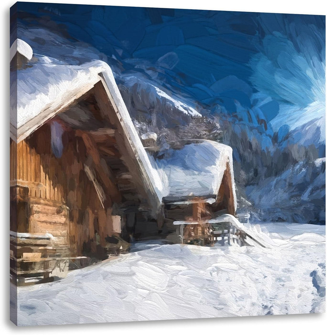 Pixxprint Verschneite Hütten in winterlicher Alpenlandschaft, Format: 70x70 auf Leinwand, 70x70