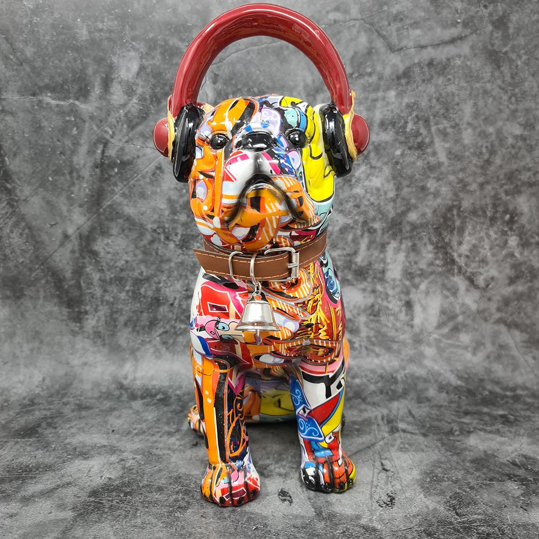 Dreamlight Moderne Skulptur Dekofigur Mops mit Kopfhörern Hund POP Art aus Kunststein Mehrfarbig 13x