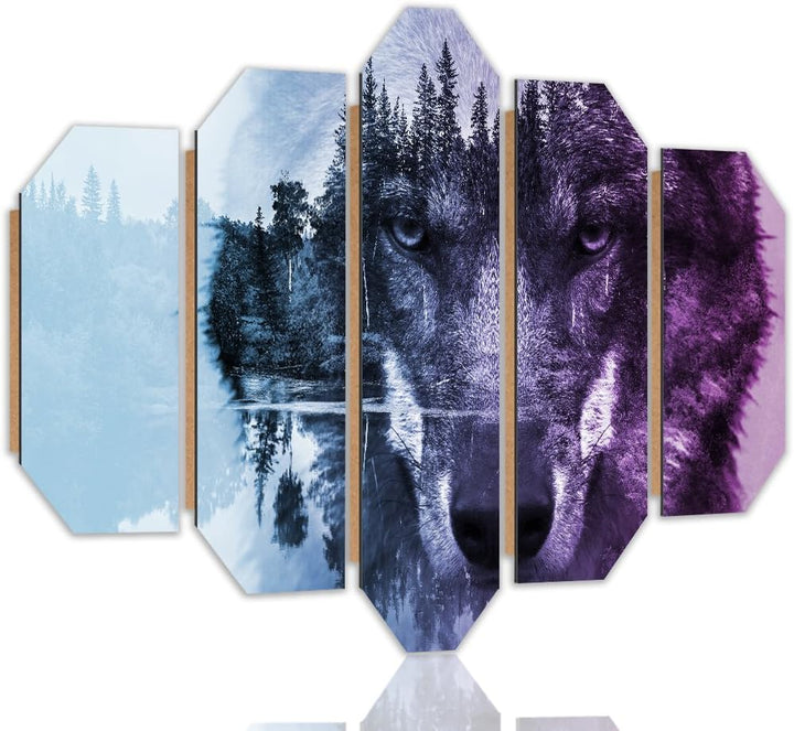 Wandbild XXL 5 tlg Natur Deko Kunst Bild Wolf Violett 200x100 cm Deko Paneel 200x100 cm Violett_A, D