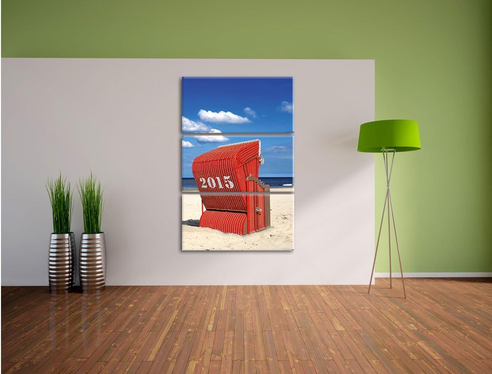 Pixxprint Strandkorb an der Nordsee als Leinwandbild | Grösse: 3 Teilig (120x80) | Wandbild| Kunstdr