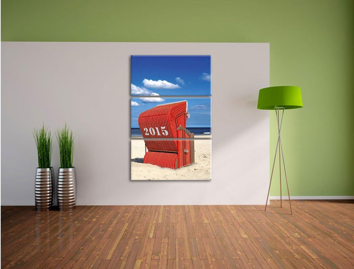 Pixxprint Strandkorb an der Nordsee als Leinwandbild | Grösse: 3 Teilig (120x80) | Wandbild| Kunstdr