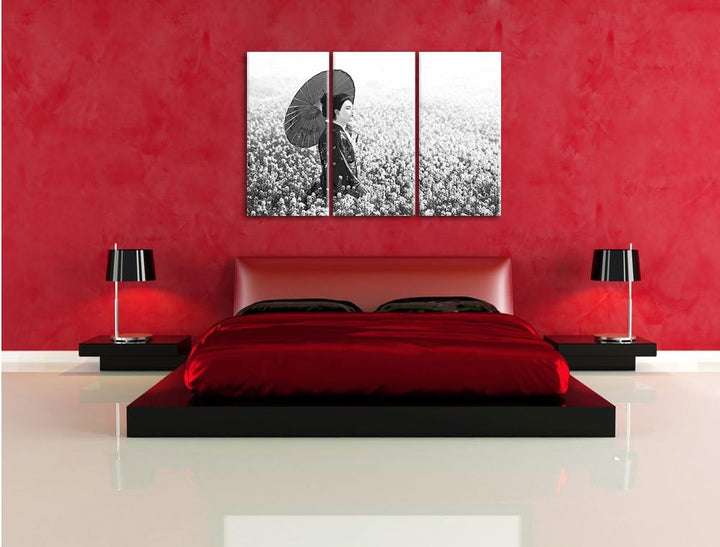 Pixxprint Geisha auf dem Feld Kunst B&W / 3-Teilig/Gesamtmass 120cm Leinwandbild bespannt auf Holzra