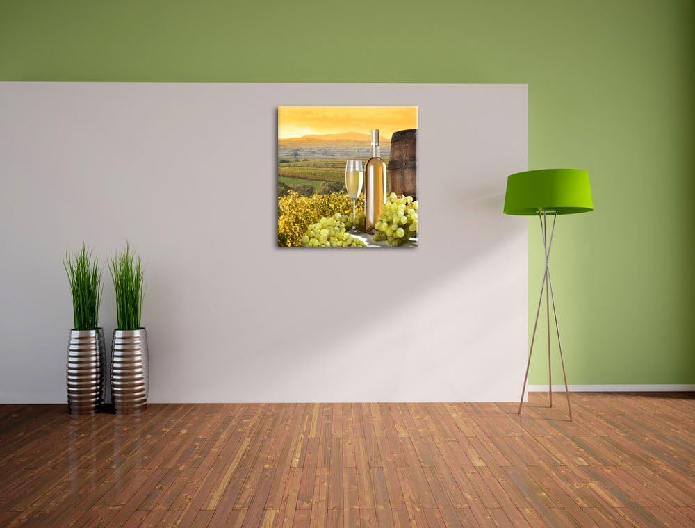 Pixxprint Weinreben mit Weinflasche und Fass, Format: 70x70 auf Leinwand, 70x70