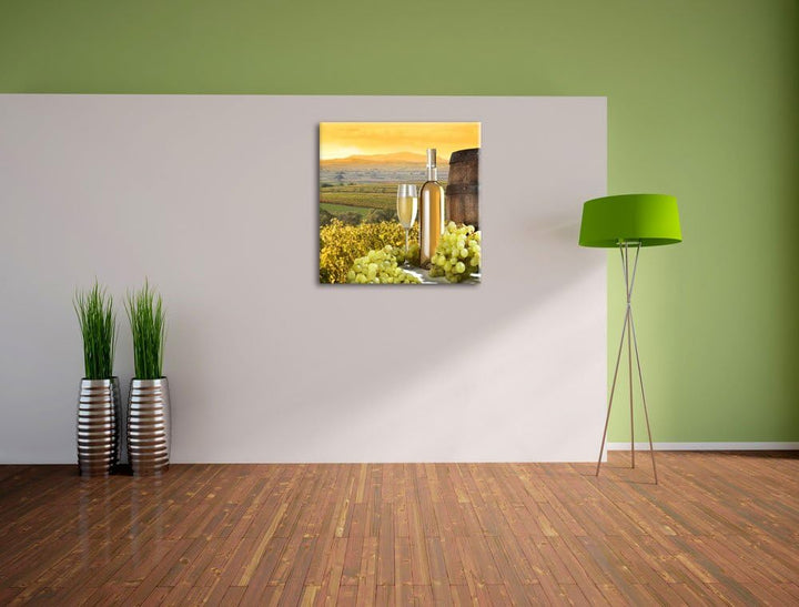 Pixxprint Weinreben mit Weinflasche und Fass, Format: 70x70 auf Leinwand, 70x70