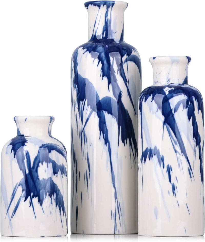 Blaue Keramikvase, 3er-Set – dekorative marineblaue und weisse Vase für Tafelaufsätze, Bauernhaus- u